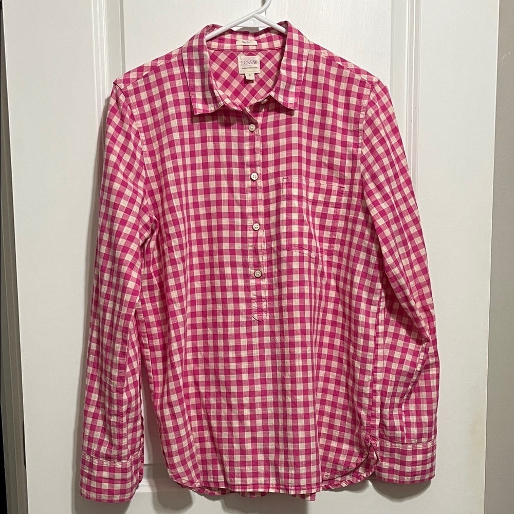 J. Crew Factory Pink Gingham Gauze Shirt Boy Fit Medium